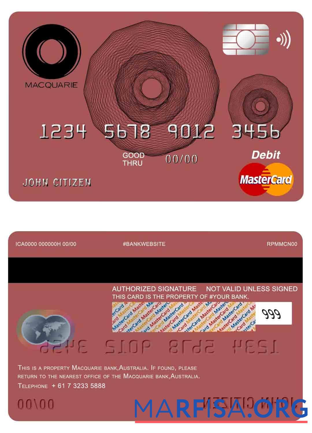 Blank Australia Macquarie bank mastercard sample
